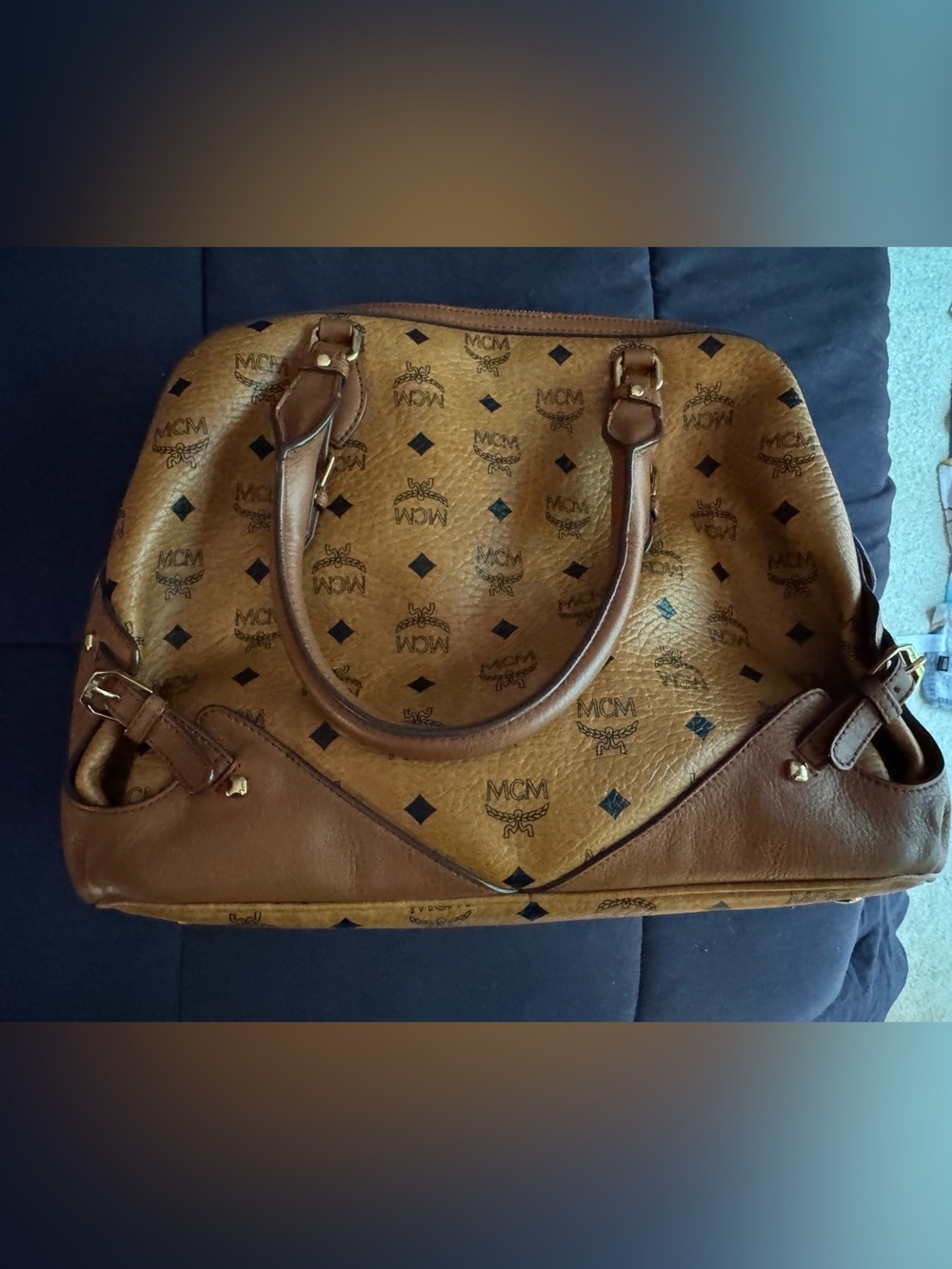 MCM Cognac Logo Visetos Satchel in Brown